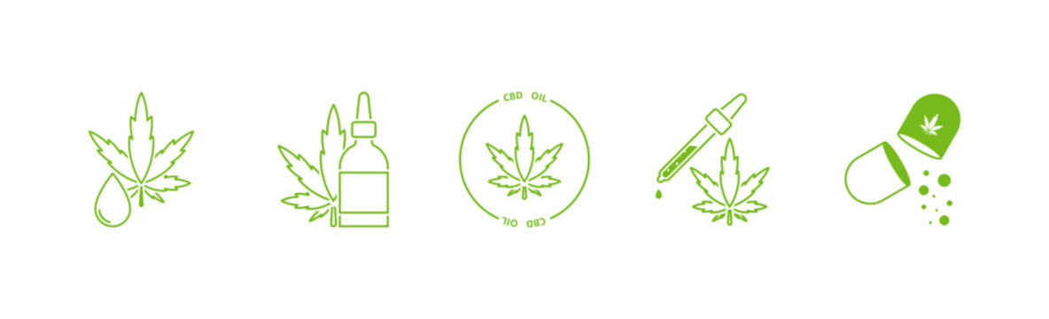 Cbd Oil, Cannabis Products Icon Set. Marijuanna, Cannabidiol. Vector EPS 10