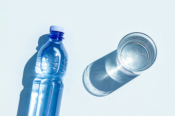 Bottled water. A bottle of mineral water and glass of water with hard shadows on blue background. Flat lay Top view
