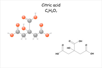 Stylized 2D molecule model/structural formula of citric acid.