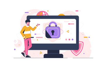 A man with shield and lock on the screen. Anti virus software, anti-malware, spyware, trojan, adware as internet security concept. Security concept vector modern flat illustration
