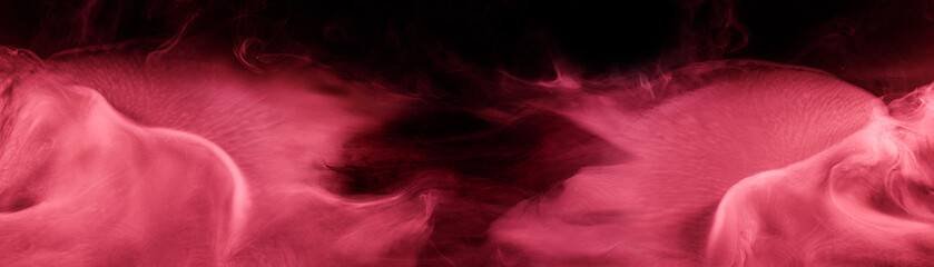 Panoramic view of the abstract fog. Cloudiness, mist or smog moves on black background. Beautiful swirling smoke. Mockup for your logo. Wide angle horizontal wallpaper or web banner.