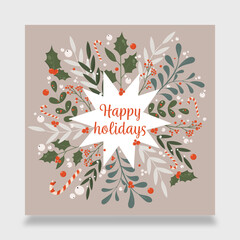 Christmas and New Year 2023 greeting card with leaves and cane. Vector illustration concept. Xmas template with typography and season wishes in modern style for web, social media, print