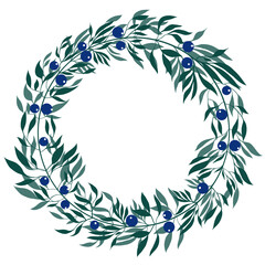 Frame from leaves and berries of blueberry. Floral pattern on white background