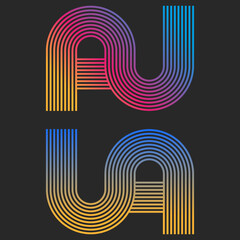 Two letters U and A are connected together, the initials AU are a bright gradient logo of many parallel thin lines, as well as the abbreviation UA of Ukraine flag colors in a yellow and blue gradient.