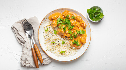 Traditional Indian dish chicken curry with basmati rice and fresh cilantro on rustic white plate on white concrete table background from above. Indian dinner meal - 553228217