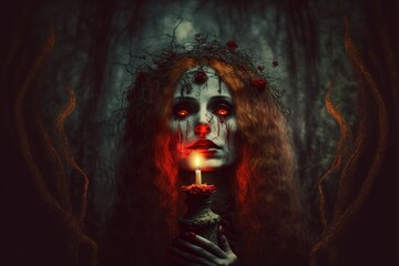 Woman witch on dark background with candle. Negative. Halloween.