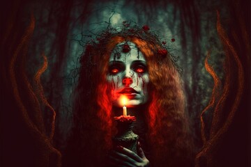 Fototapeta premium Witch with a candle on dark background. Woman Negative. Witch in the forest night halloween.