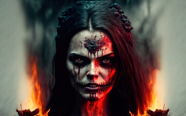 Woman portrait on dark background. Negative person.
Halloween. Horror Poster.