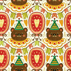 Seamless pattern with teddy bears and balloons. Embroidery. Digital illustration.