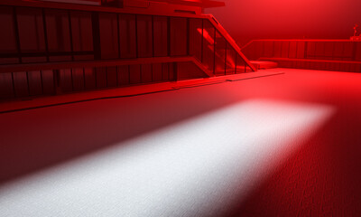 3D Render High Angle red building with rays. Futuristic Background of an empty corridor with ambient light. Abstract background with lines and glow. concrete asphalt, reflection of lights