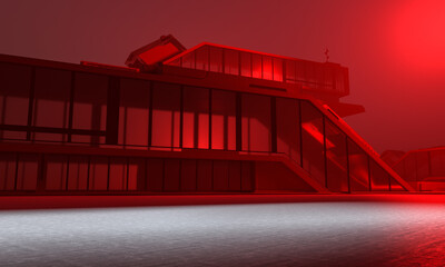 3D Render Front Angle red building with rays. Futuristic Background of an empty corridor with ambient light. Abstract background with lines and glow. concrete asphalt, reflection of lights