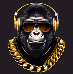 Cool monkey gorilla Gangsta rapper in sunglasses. generated sketch art. generative AI - obrazy, fototapety, plakaty