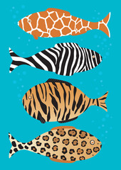 Strange fish. Fish with zebra, tiger, giraffe and jaguar design. - 553229894