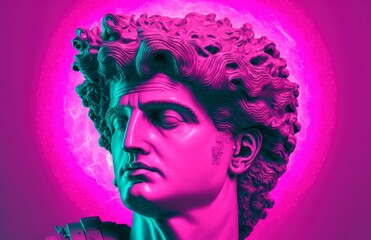 Apollo. Head of an antique sculpture in neon light. Valentine's day. Greek sculpture in modern design. Greek god. Art. Neon light, retrowave. Poster, banner.
Generate AI.