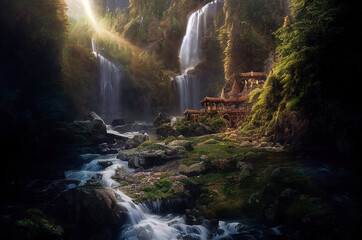 Fototapeta na wymiar Fairytale gorge, lost castle, waterfalls, bridges and greenery on the cliffs. generative AI