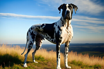 A majestic great Dane dog is standing tall and proud. Generative AI - obrazy, fototapety, plakaty