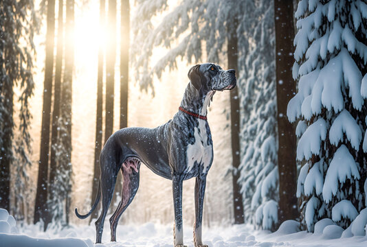 A majestic great Dane dog is standing tall and proud with a winter snow background. Generative AI