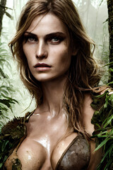 portrait of a woman wearing a bikini in jungle, generative ai
