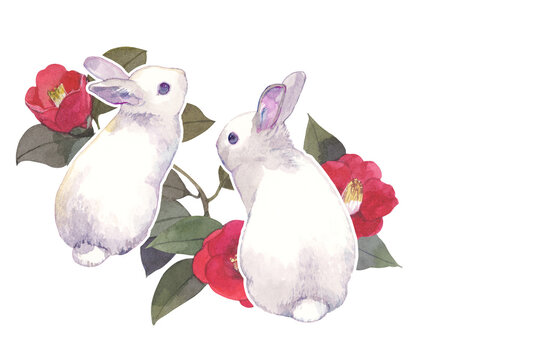 卯年　うさぎの水彩イラストの年賀状