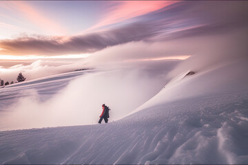 photography of a man walking up a snow covered slope - AI Generated