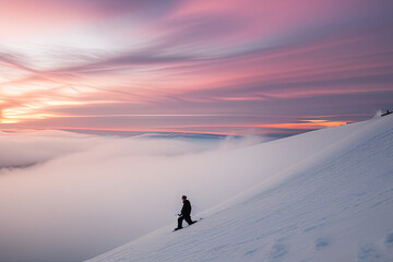 photography of a man walking up a snow covered slope - AI Generated