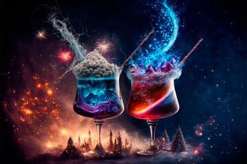 Magic Holiday Christmas Cocktails, snow, winter, amazing, epic, imaginative, beautiful, fireworks in the background, 3d render