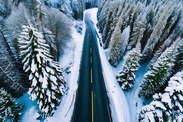 photography of a long road in the middle of a snowy forest  - AI Generated