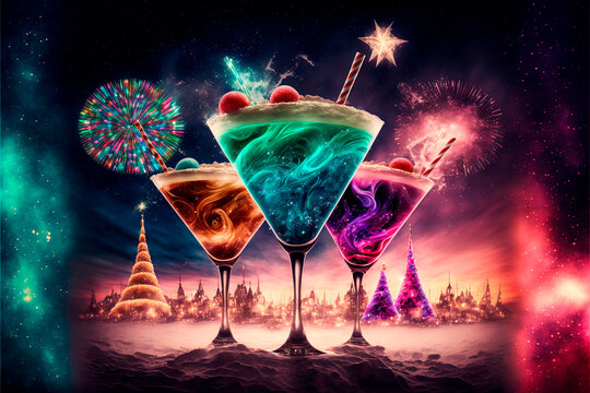 Magic Holiday Christmas Cocktails, snow, winter, amazing, epic, imaginative, beautiful, fireworks in the background, 3d render