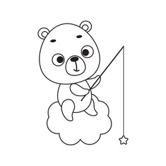Coloring page cute little bear fishing star on cloud. Coloring book for kids. Educational activity for preschool years kids and toddlers with cute animal. Vector stock illustration