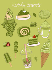 Various matcha tea products. Japanese food.Vector graphics.