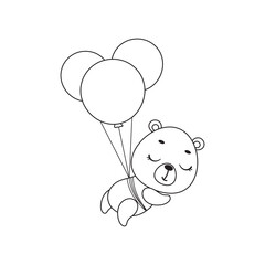 Coloring page cute little bear flying on balloons. Coloring book for kids. Educational activity for preschool years kids and toddlers with cute animal. Vector stock illustration