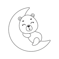 Coloring page cute little bear sleeping on cloud. Coloring book for kids. Educational activity for preschool years kids and toddlers with cute animal. Vector stock illustration