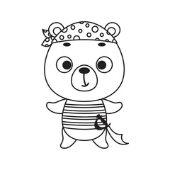 Coloring page cute little pirate bear. Coloring book for kids. Educational activity for preschool years kids and toddlers with cute animal. Vector stock illustration