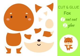 Cut and glue paper little fox. Kids crafts activity page. Educational game for preschool children. DIY worksheet. Kids art game and activities jigsaw. Vector stock illustration