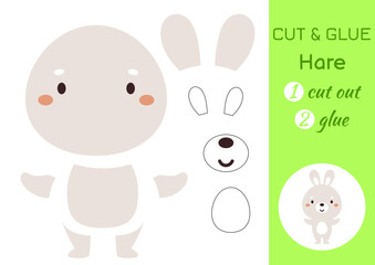 Cut and glue paper little hare. Kids crafts activity page. Educational game for preschool children. DIY worksheet. Kids art game and activities jigsaw. Vector stock illustration