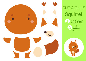 Cut and glue paper little squirrel. Kids crafts activity page. Educational game for preschool children. DIY worksheet. Kids art game and activities jigsaw. Vector stock illustration