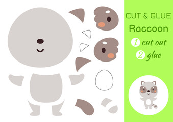 Cut and glue paper little raccoon. Kids crafts activity page. Educational game for preschool children. DIY worksheet. Kids art game and activities jigsaw. Vector stock illustration