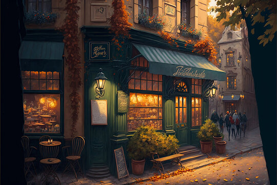 View of old cozy street . Street view with cafe terrace. Coffee shop in the city. Evening time. Ai llustration, fantasy digital painting,artificial intelligence artwork