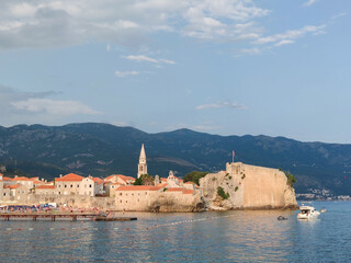 Cityscape with sea and mountains of old town in Budva, Montenegro