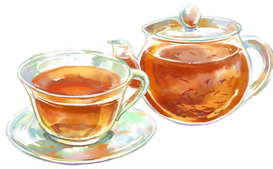 茶葉の舞うガラスのティーポットとティーカップの水彩イラスト