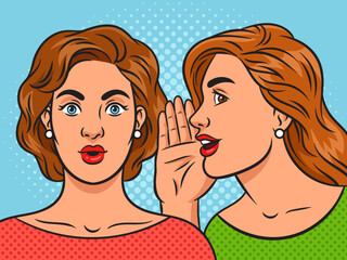 woman whispering gossip in woman ear pinup pop art retro vector illustration. Comic book style imitation.