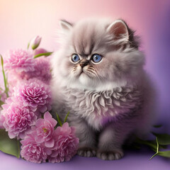 Fototapeta premium Gorgeous Persian cat kitten surrounded by pink flowers, digital art