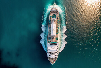 Overhead aerial view of a cruise ship. Holiday vacation background. Generative ai - obrazy, fototapety, plakaty