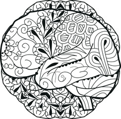 Brain image in zentangle style on mandala for coloring
