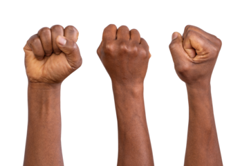 Holding fists up in the air isolated on white or transparent background