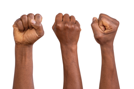Holding fists up in the air isolated on white or transparent background