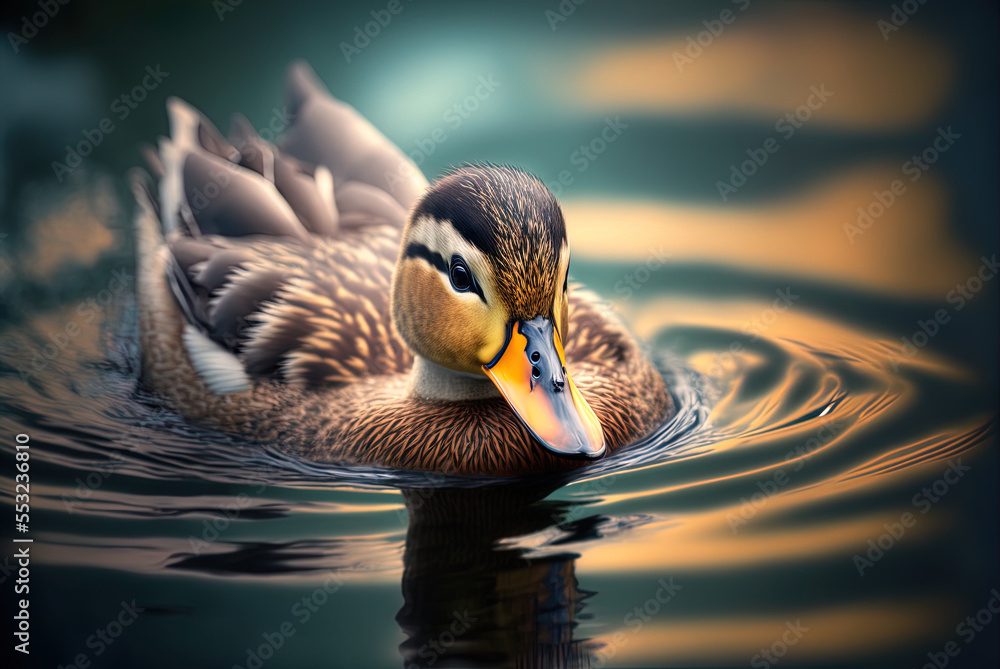 Poster a close-up of a duck swimming in a pond generative ai