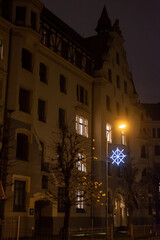 A building in the Art Nouveau district in Riga, Latvia. Christmas decoration
