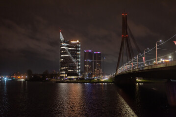 Fototapeta na wymiar Vanshu tilts Bridge across Daugava river, Riga, Latvia