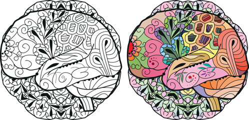 Brain image in zentangle style on mandala for coloring. Color and outline set